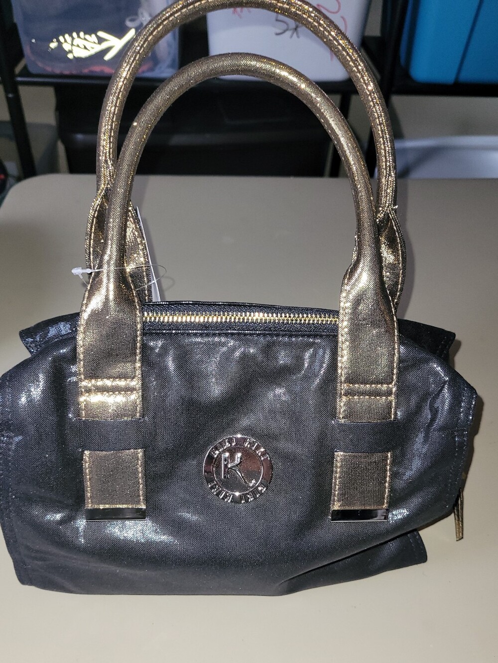 NWT - Francis Kiki - Signature Black Handbag with Gold Handles.